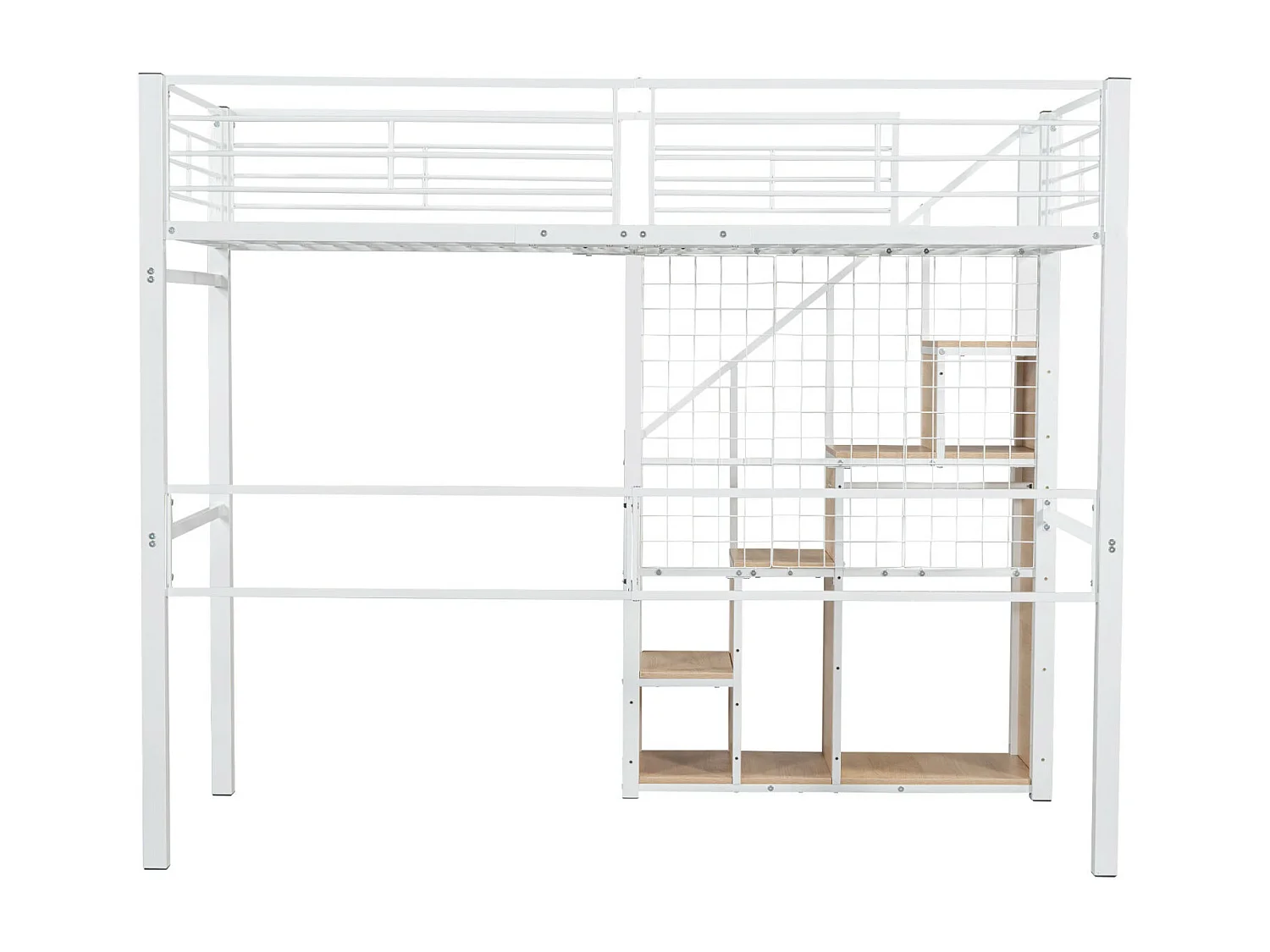 Lit mezzanine 140x200cm, lit enfant avec escalier de armoire de rangement, anti-chutes, structure en fer, blanc