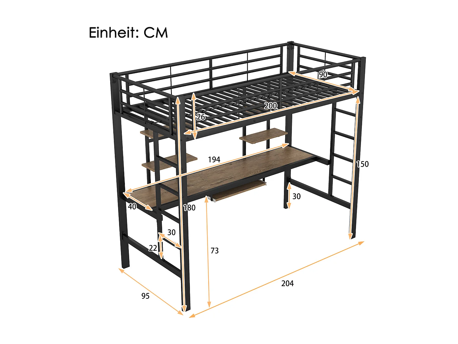 Kinderhoogslaper 90x200cm - Bedframe van ijzer, verhoogd bed met bureau en 2 planken - Zwart
