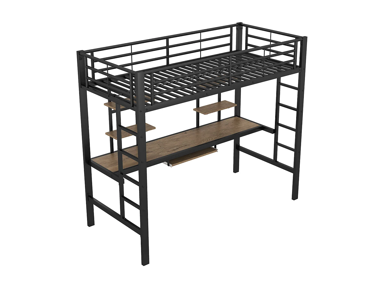 Kinderhoogslaper 90x200cm - Bedframe van ijzer, verhoogd bed met bureau en 2 planken - Zwart
