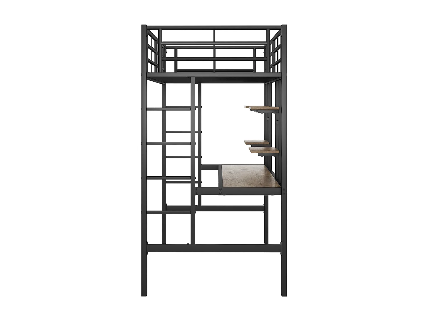 Kinderhoogslaper 90x200cm - Bedframe van ijzer, verhoogd bed met bureau en 2 planken - Zwart