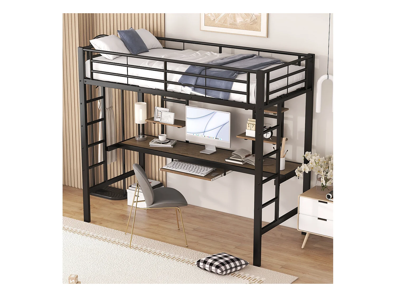 Cama alta infantil de 90 x 200 cm con estructura de hierro, escritorio y dos estantes, color negro