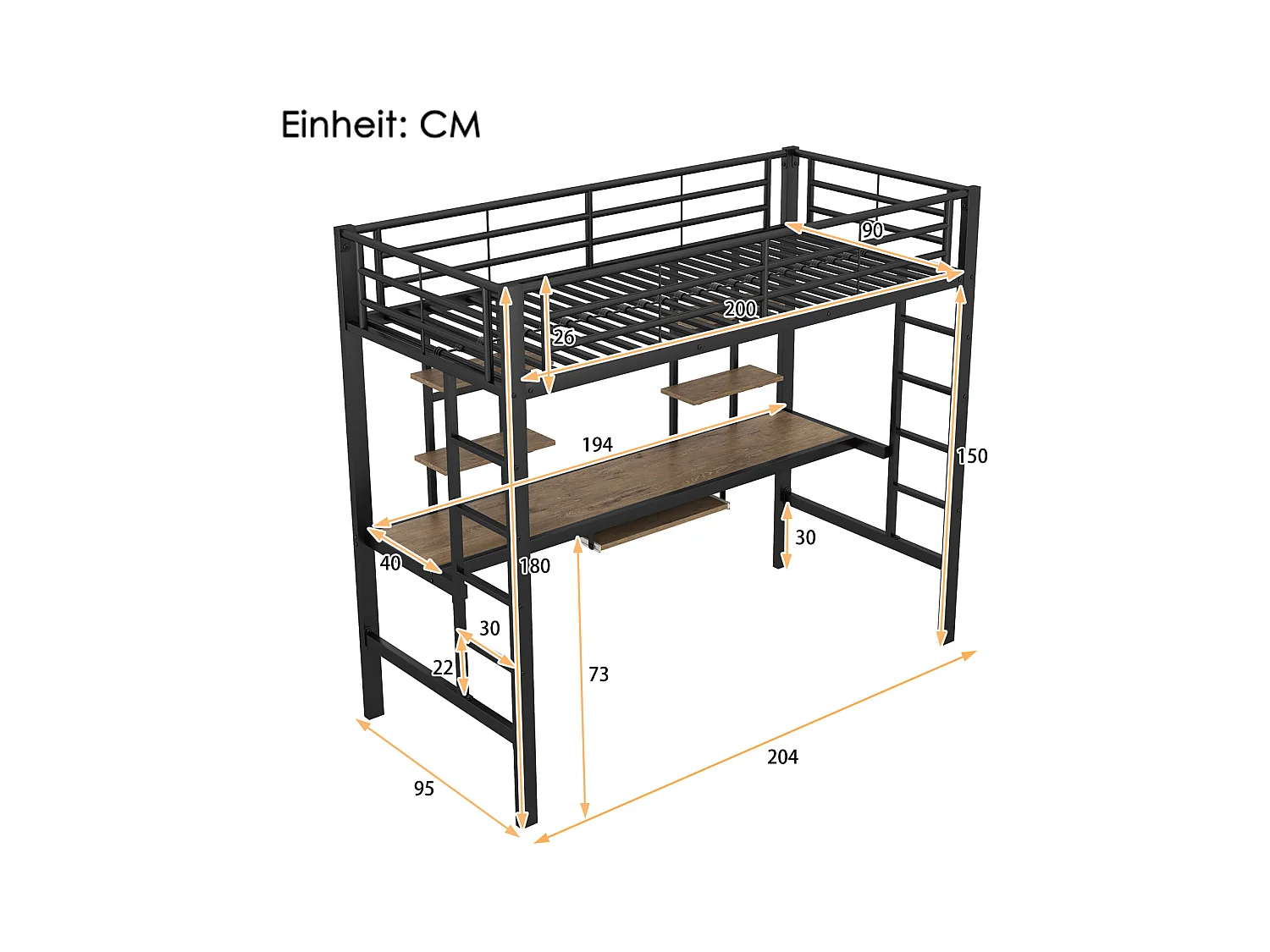 Cama alta infantil de 90 x 200 cm con estructura de hierro, escritorio y dos estantes, color negro
