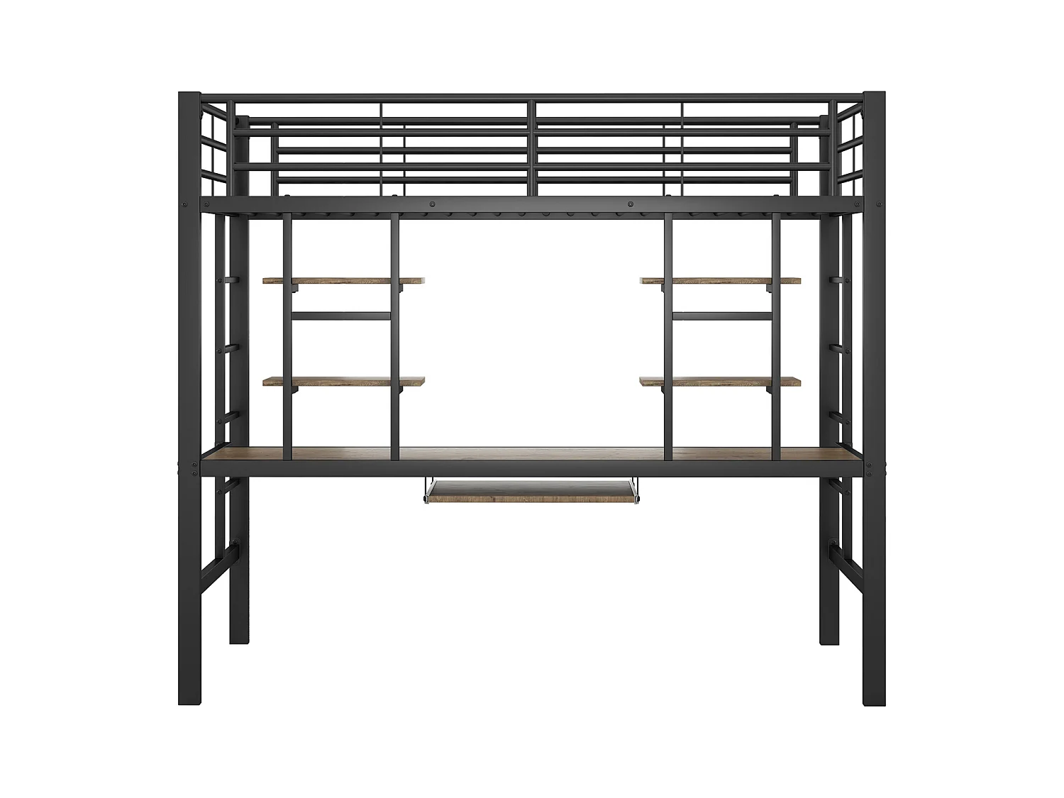 Cama alta infantil de 90 x 200 cm con estructura de hierro, escritorio y dos estantes, color negro