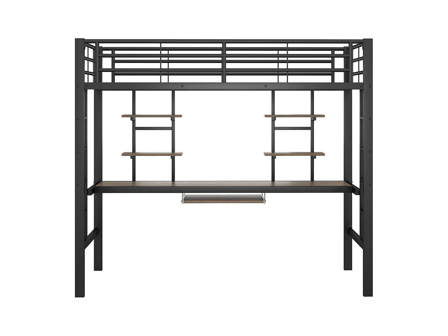 Cama alta infantil de 90 x 200 cm con estructura de hierro, escritorio y dos estantes, color negro