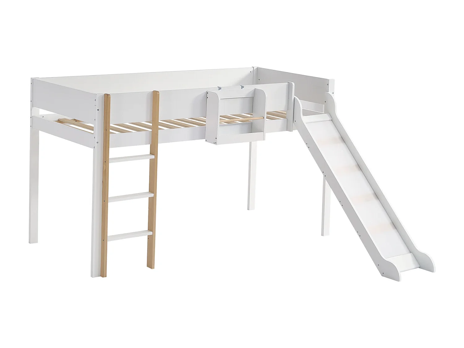 Lit mezzanine 90x200cm, lit enfant avec échelle, toboggan, étagère amovible, pin+MDF, blanc+naturel