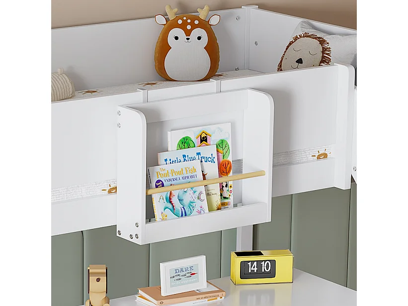 Lit mezzanine 90x200cm, lit enfant avec échelle, toboggan, étagère amovible, pin+MDF, blanc+naturel