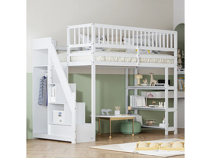 Mezzanine bed 90x200cm, hangbed met kledingkast, planken en opbergruimte, bovenblad met anti-val rooster, grijs