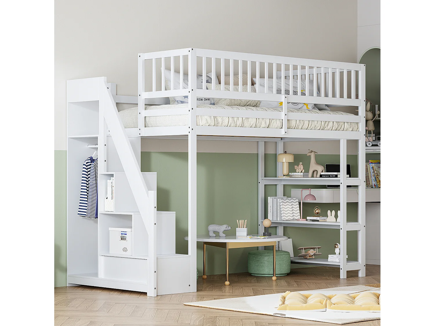 Mezzanine bed 90x200cm, hangbed met kledingkast, planken en opbergruimte, bovenblad met anti-val rooster, grijs