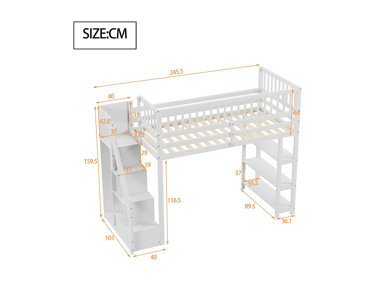 Mezzanine bed 90x200cm, hangbed met kledingkast, planken en opbergruimte, bovenblad met anti-val rooster, grijs