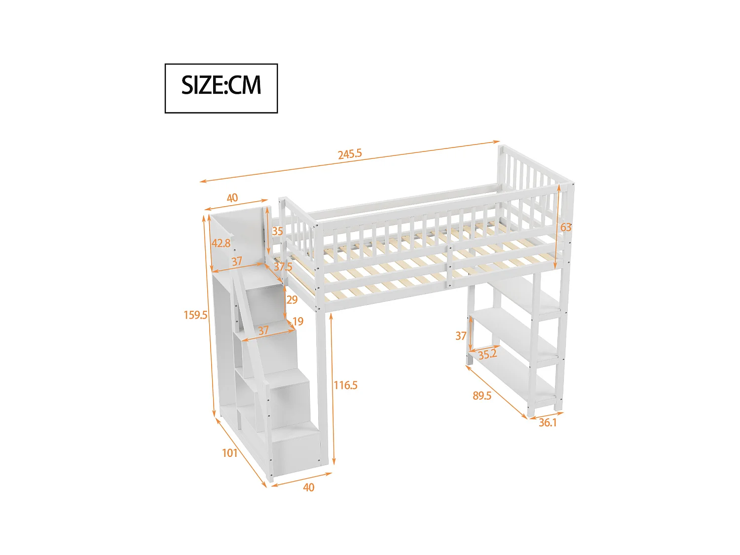 Lit mezzanine 90x200cm, lit endant avec penderie, étagères et rangements , haut grille antichute, gris