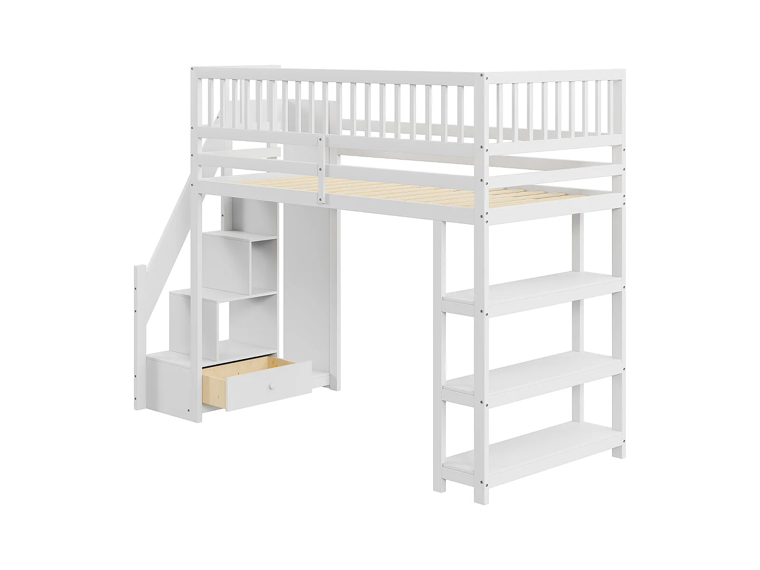 Lit mezzanine 90x200cm, lit endant avec penderie, étagères et rangements , haut grille antichute, gris