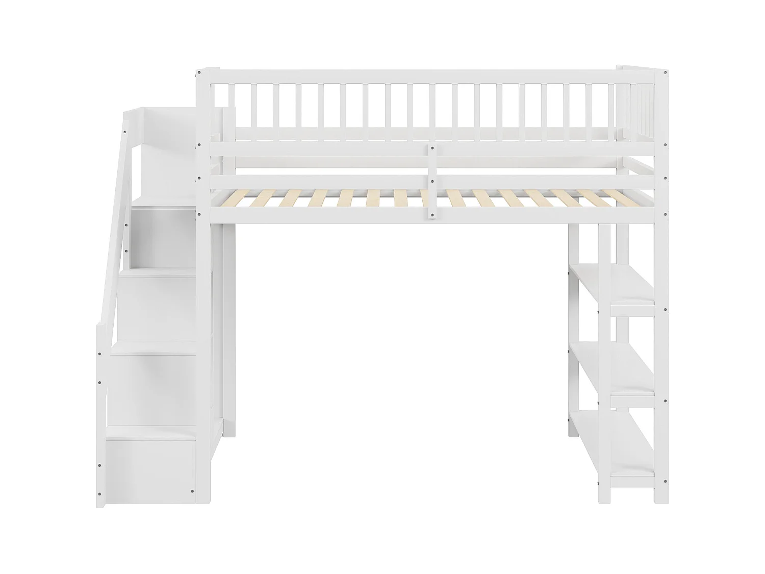 Lit mezzanine 90x200cm, lit endant avec penderie, étagères et rangements , haut grille antichute, gris