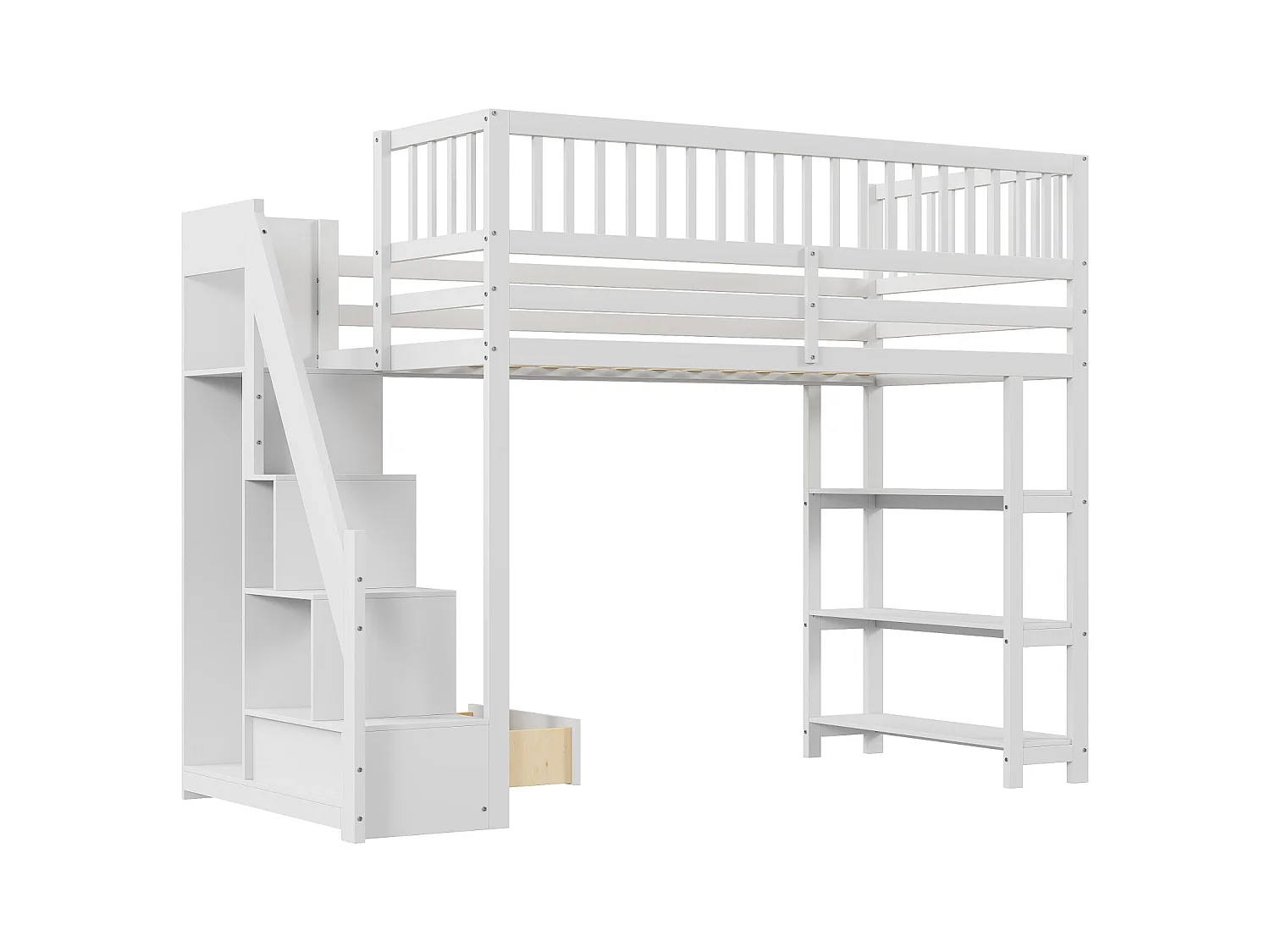 Lit mezzanine 90x200cm, lit endant avec penderie, étagères et rangements , haut grille antichute, gris