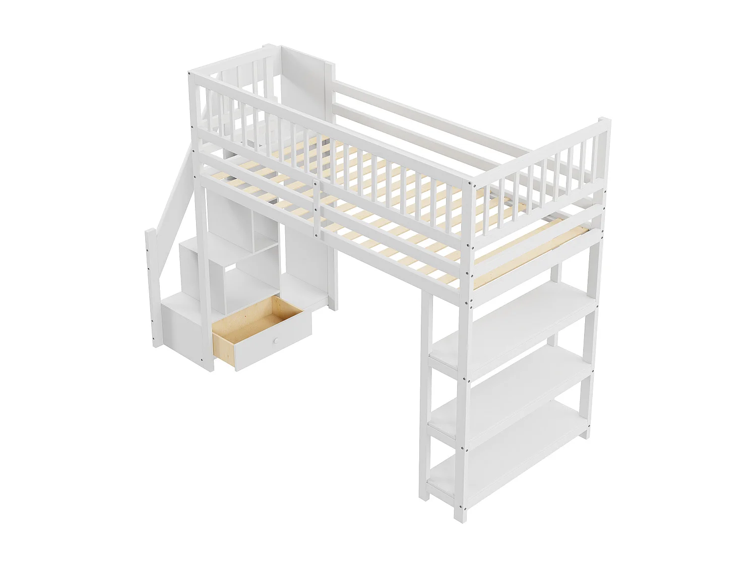 Lit mezzanine 90x200cm, lit endant avec penderie, étagères et rangements , haut grille antichute, gris