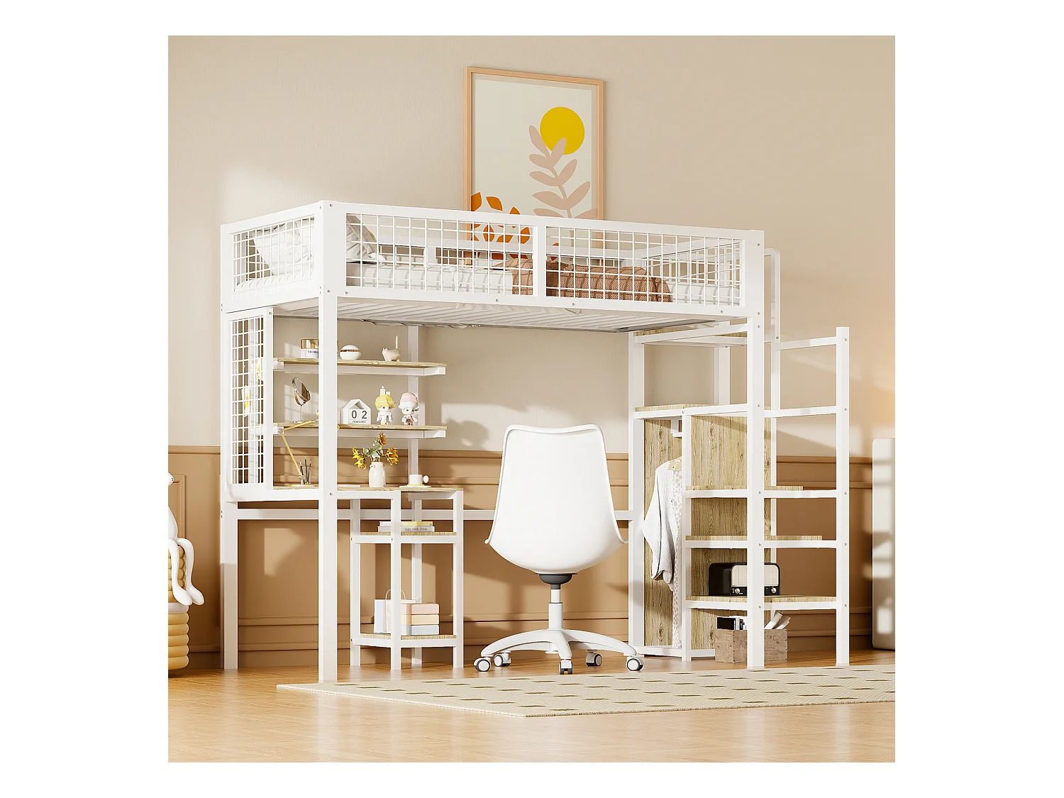 Lit mezzanine 90x200cm, lit enfant en fer, avec échelle de sécurité, table d'ordinateur, étagère de rangement, treillis métalliques, blanc