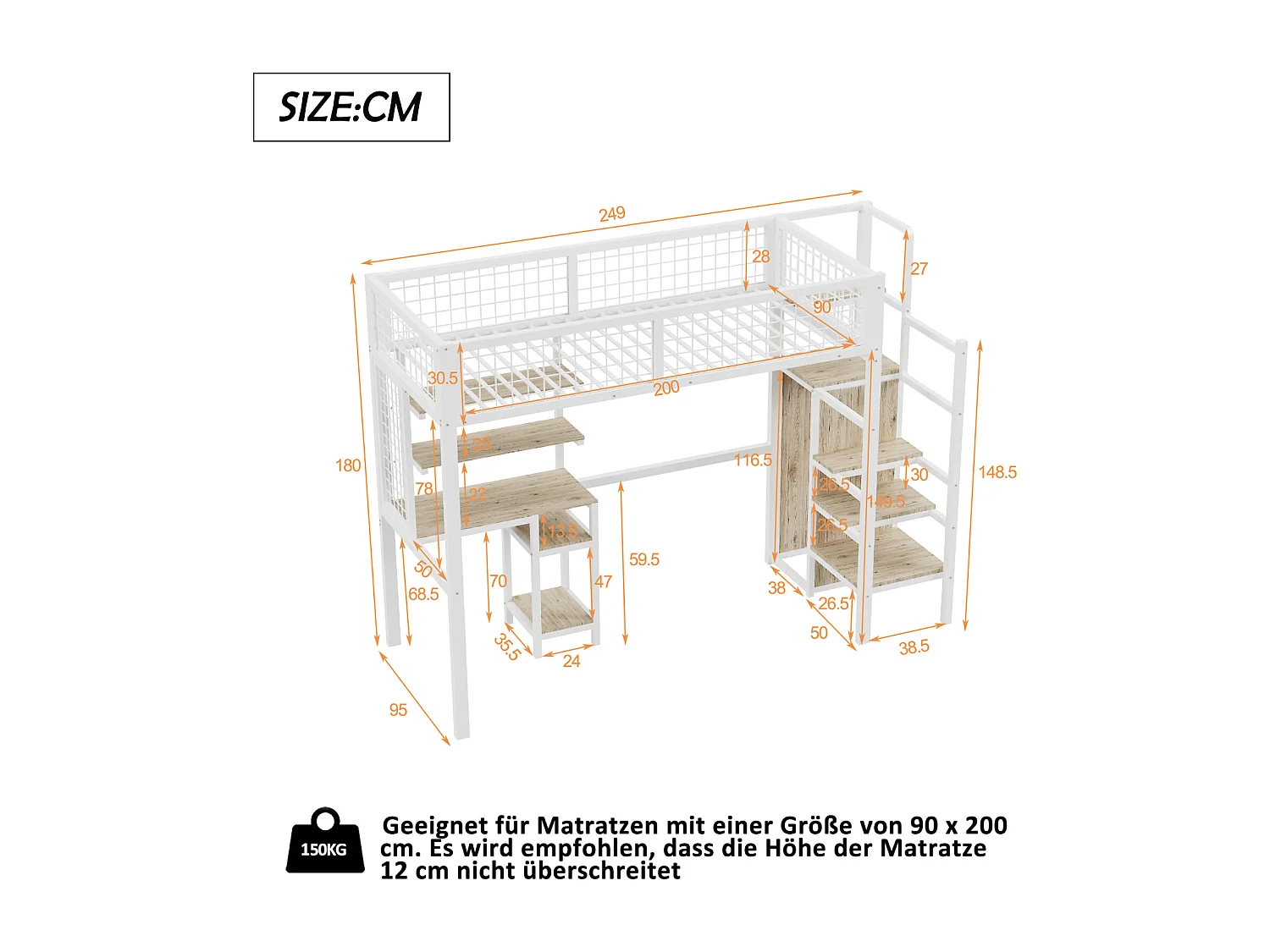 Hoogslaper 90x200cm, kinderbed van ijzer, met veiligheidsladder, computertafel, opbergplank, metalen gaas, wit