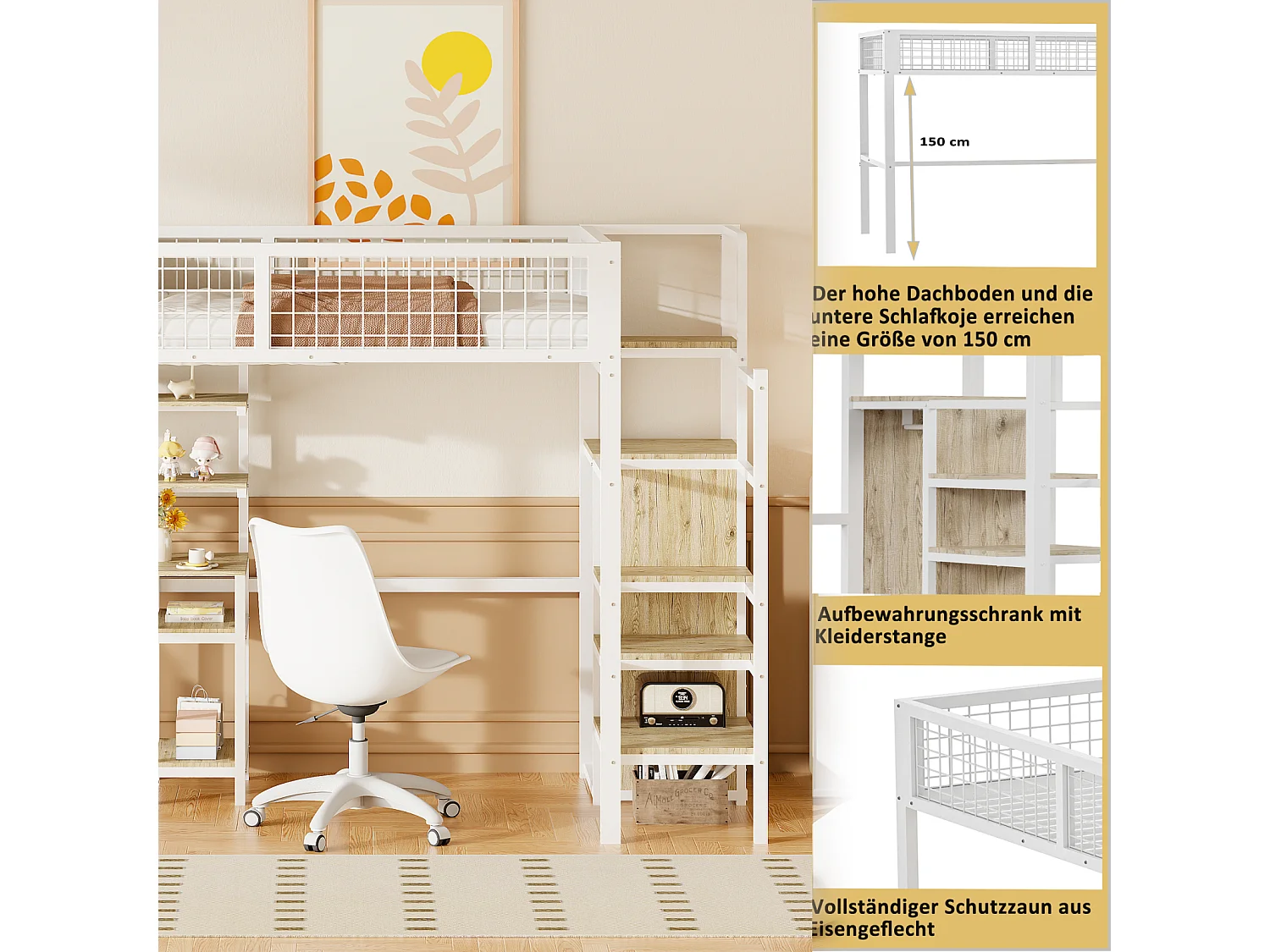 Hoogslaper 90x200cm, kinderbed van ijzer, met veiligheidsladder, computertafel, opbergplank, metalen gaas, wit