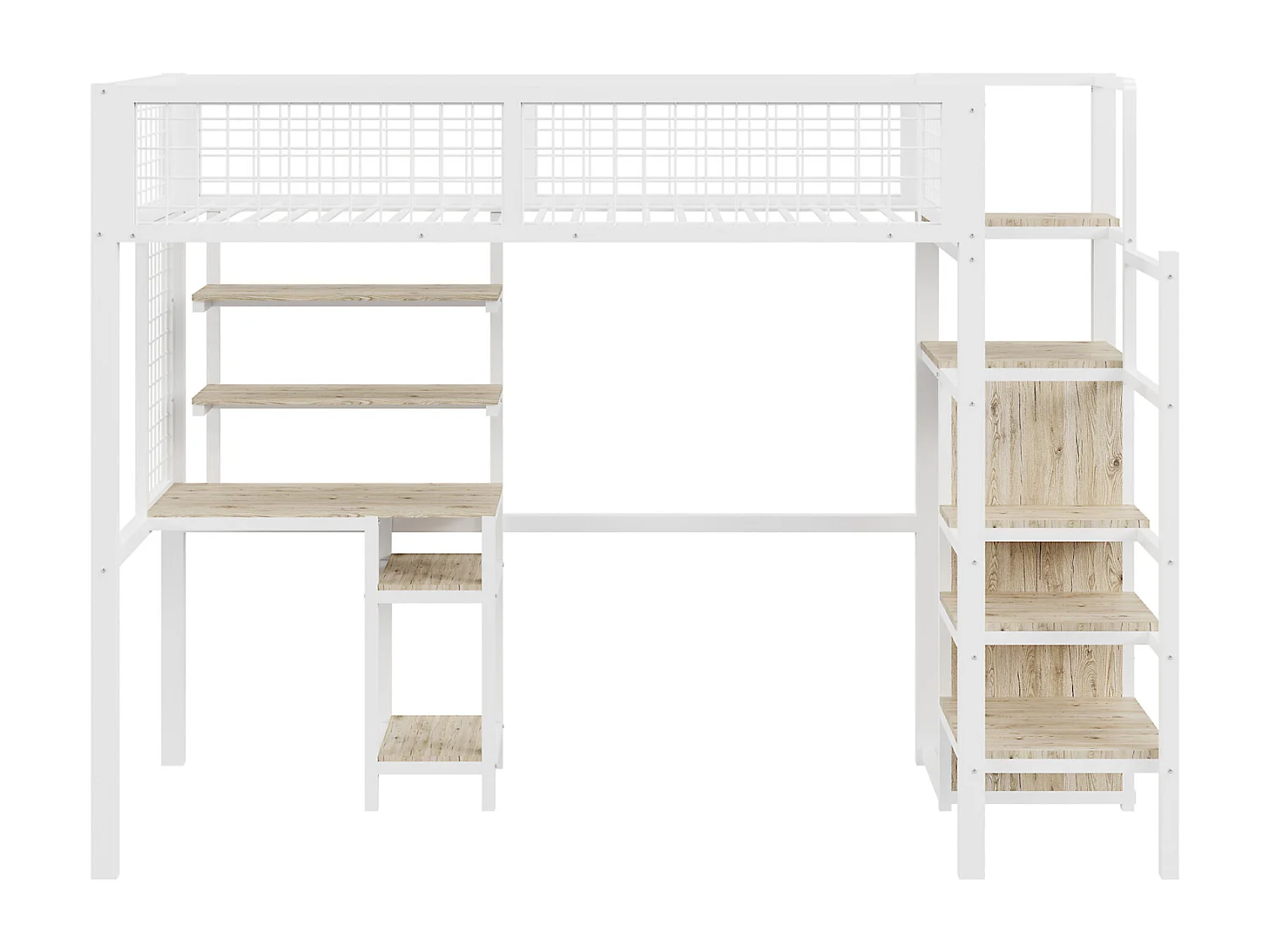 Hoogslaper 90x200cm, kinderbed van ijzer, met veiligheidsladder, computertafel, opbergplank, metalen gaas, wit