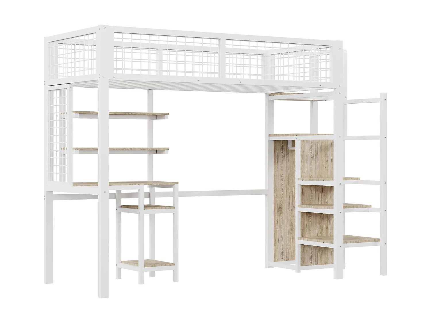 Hoogslaper 90x200cm, kinderbed van ijzer, met veiligheidsladder, computertafel, opbergplank, metalen gaas, wit