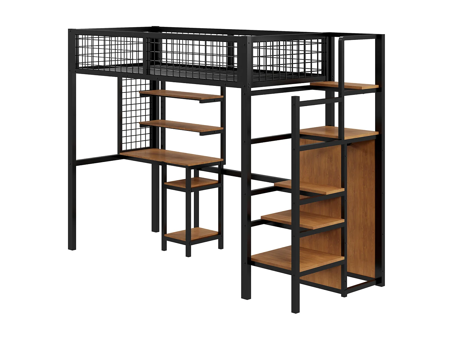 Hoogslaper 90x200cm, kinderbed van ijzer, met veiligheidsladder, computertafel, opbergplank, metalen gaas, zwart