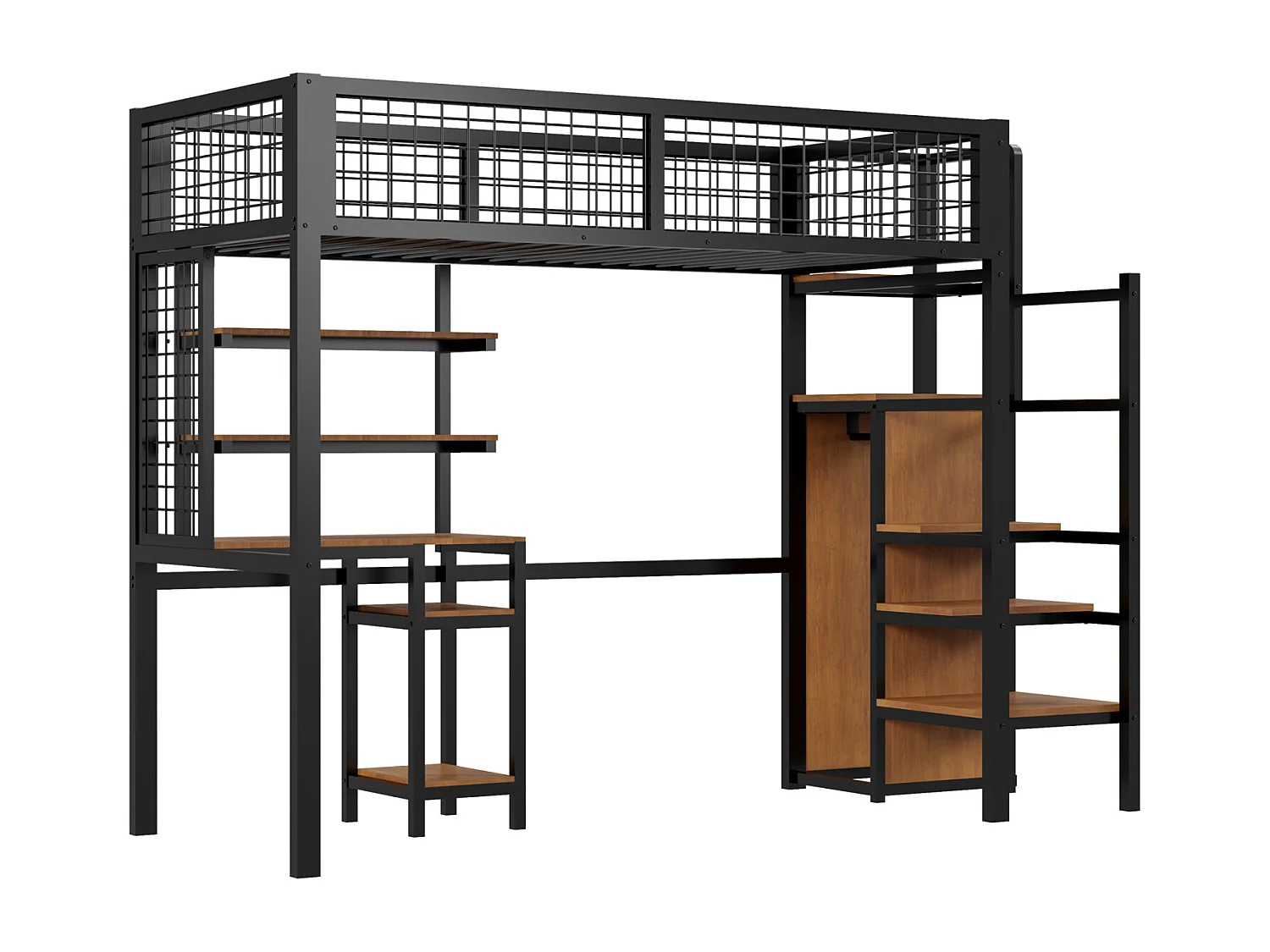 Cama alta 90x200cm, cama infantil de hierro, con escalera de seguridad, mesa de ordenador, estantería de almacenaje, malla metálica, color negro