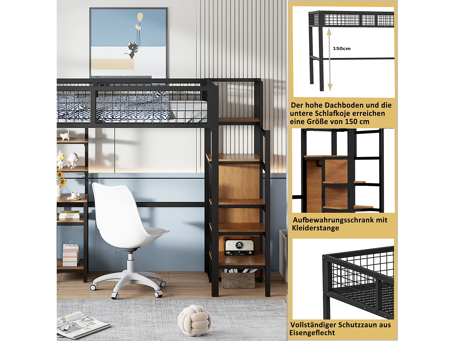 Cama alta 90x200cm, cama infantil de hierro, con escalera de seguridad, mesa de ordenador, estantería de almacenaje, malla metálica, color negro