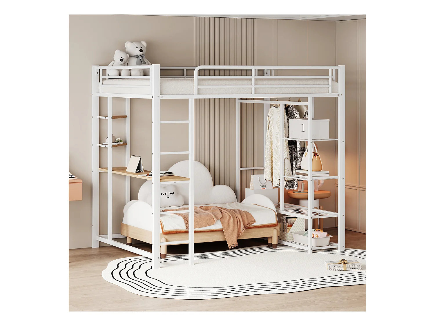 Lit mezzanine lit en fer/ lit en métal 140*200cm lit simple enfant avec compartiment de rangement table et sommier à lattes, blanc