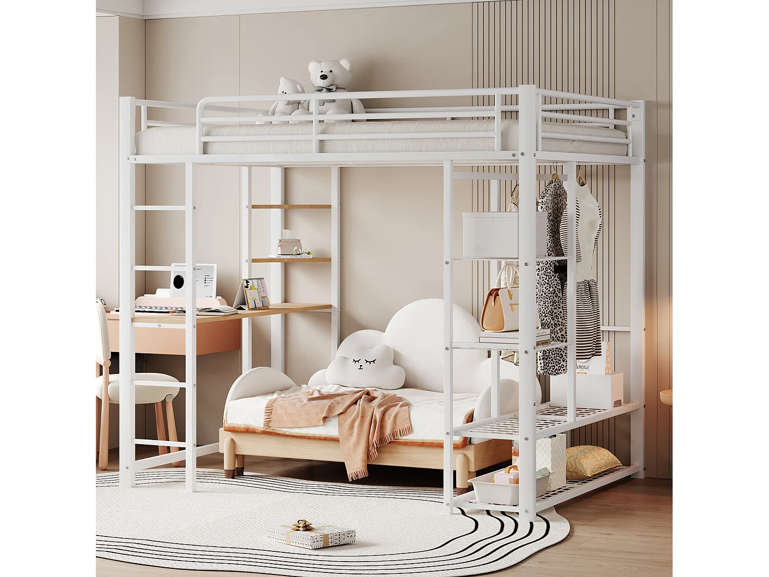 Lit mezzanine lit en fer/ lit en métal 140*200cm lit simple enfant avec compartiment de rangement table et sommier à lattes, blanc