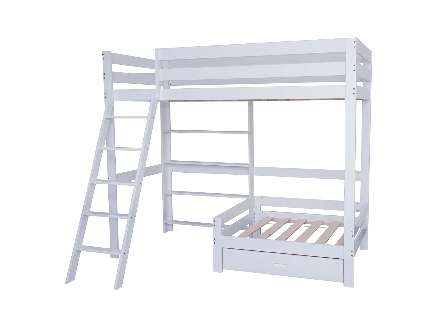 Cama alta de 90x200 cm, cama de madera con sofá y cajón debajo, escalera inclinada de cinco peldaños, somier de láminas - blanco