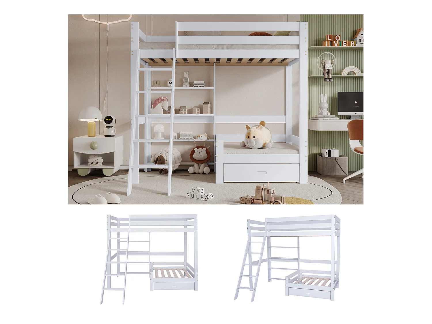 Cama alta de 90x200 cm, cama de madera con sofá y cajón debajo, escalera inclinada de cinco peldaños, somier de láminas - blanco