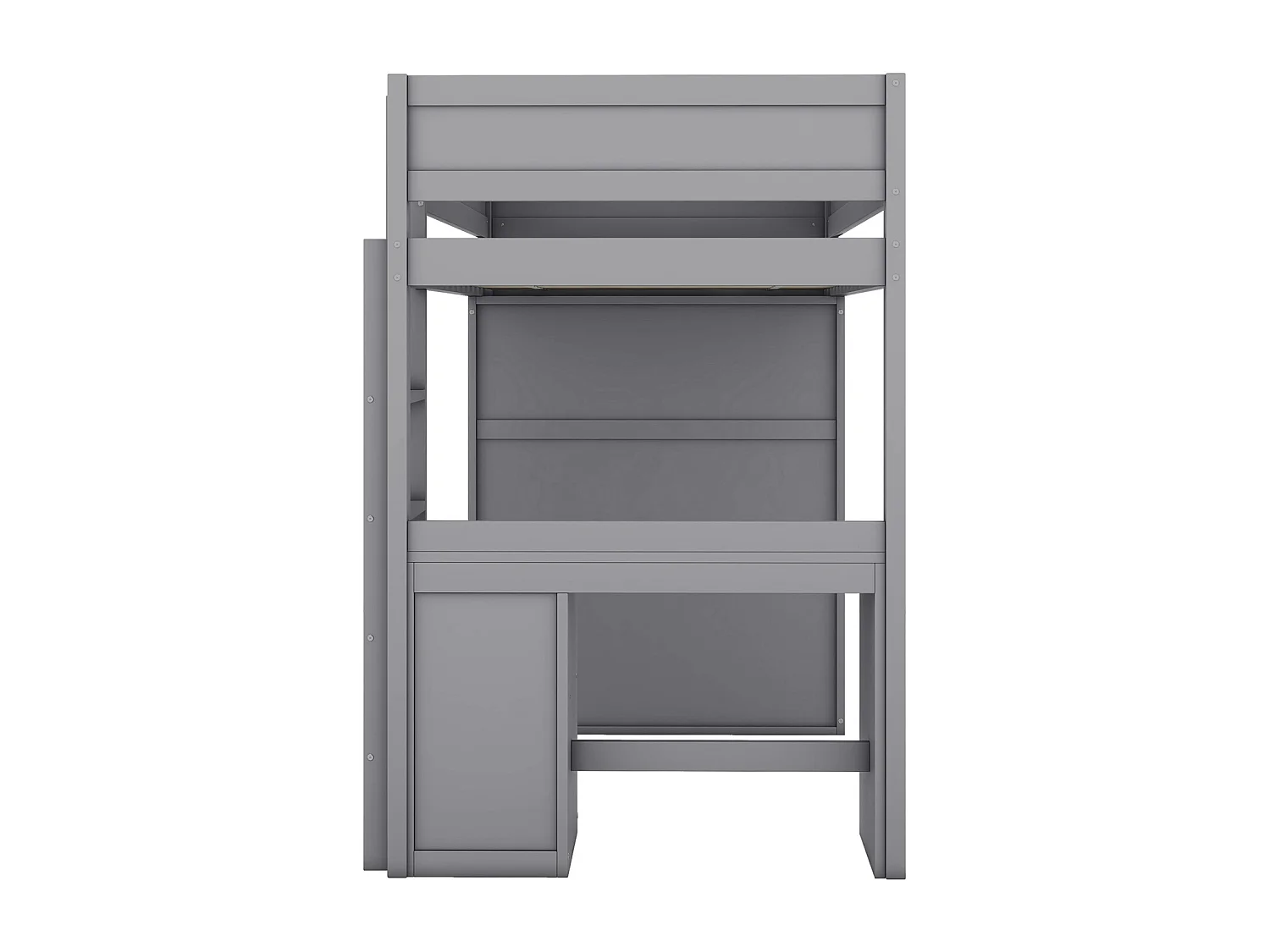 Cama alta 90x200cm, cama infantil versátil, equipada con armario, escritorio y cajones, escalera, somier de láminas, pino, gris