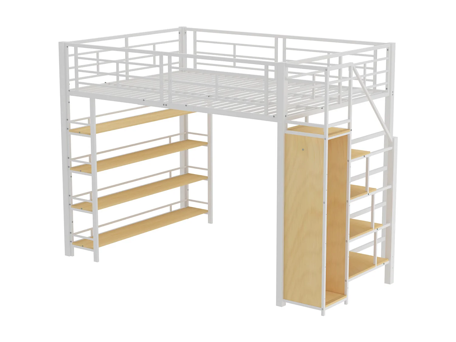 Hoogslaper 140x200cm, met ladders en opbergplanken en kleine kledingkast, hoog hekdesign, wit