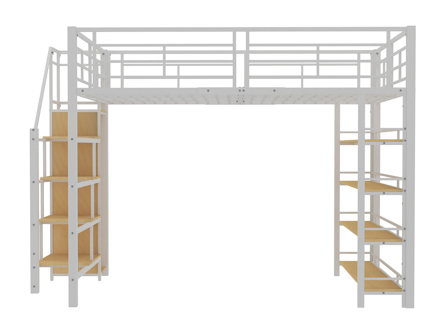 Hoogslaper 140x200cm, met ladders en opbergplanken en kleine kledingkast, hoog hekdesign, wit