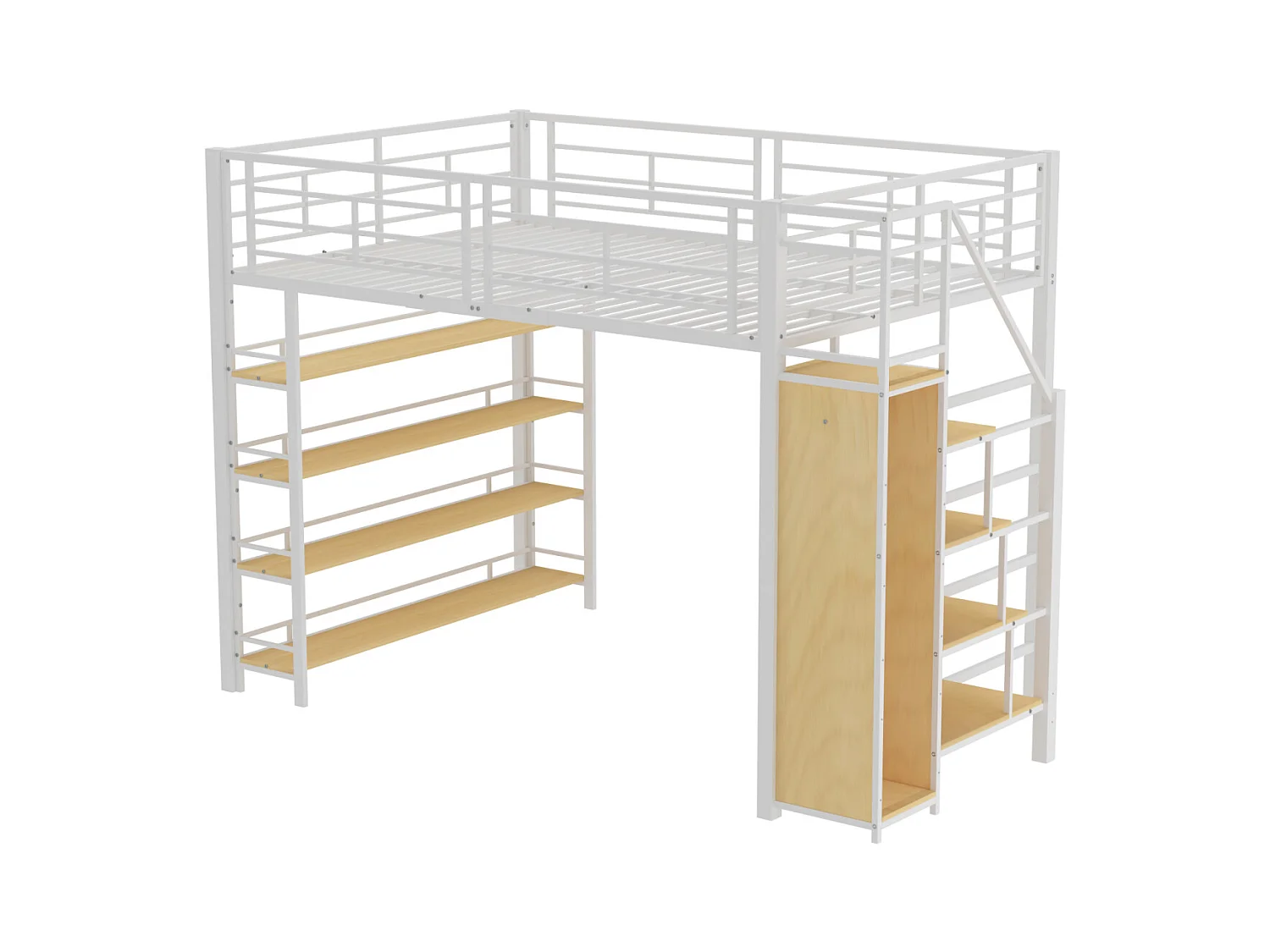 Letto a soppalco 140x200cm, con scale e ripiani portaoggetti e piccolo armadio, design a recinzione alta, bianco