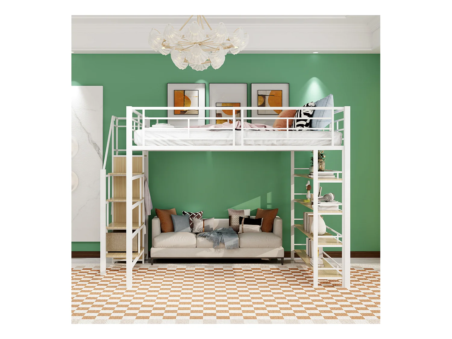 Letto a soppalco 140x200cm, con scale e ripiani portaoggetti e piccolo armadio, design a recinzione alta, bianco