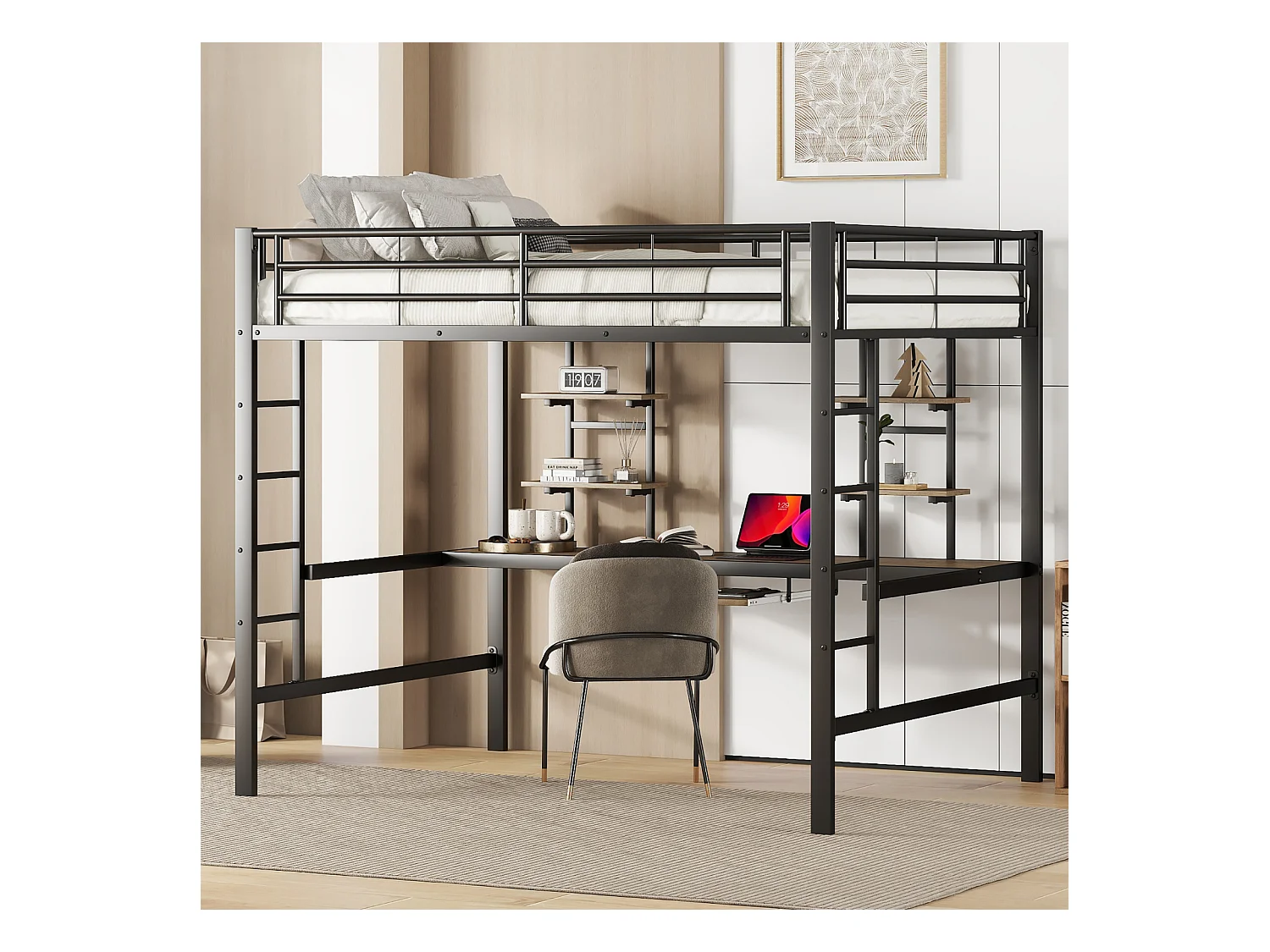 140x200cm Kinderhoogslaper - IJzeren bedframe Verhoogd bed met bureau en 2 planken - Zwart