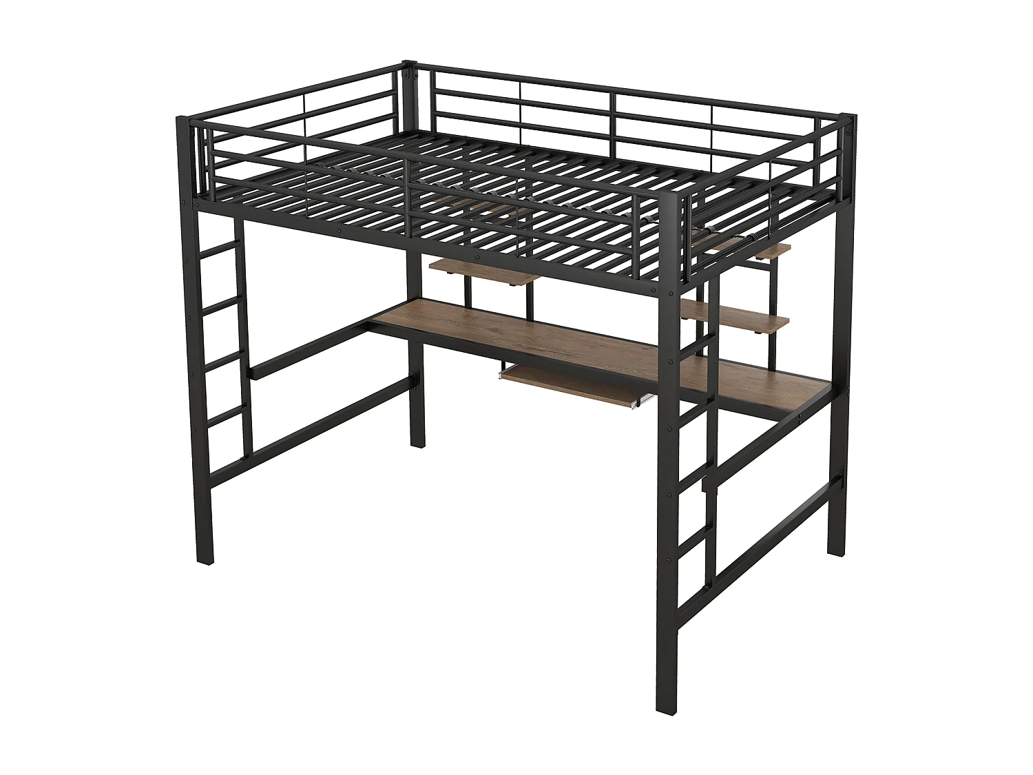 Kinderhoogslaper 140x200cm - Bedframe van ijzer, verhoogd bed met bureau en 2 planken - Zwart