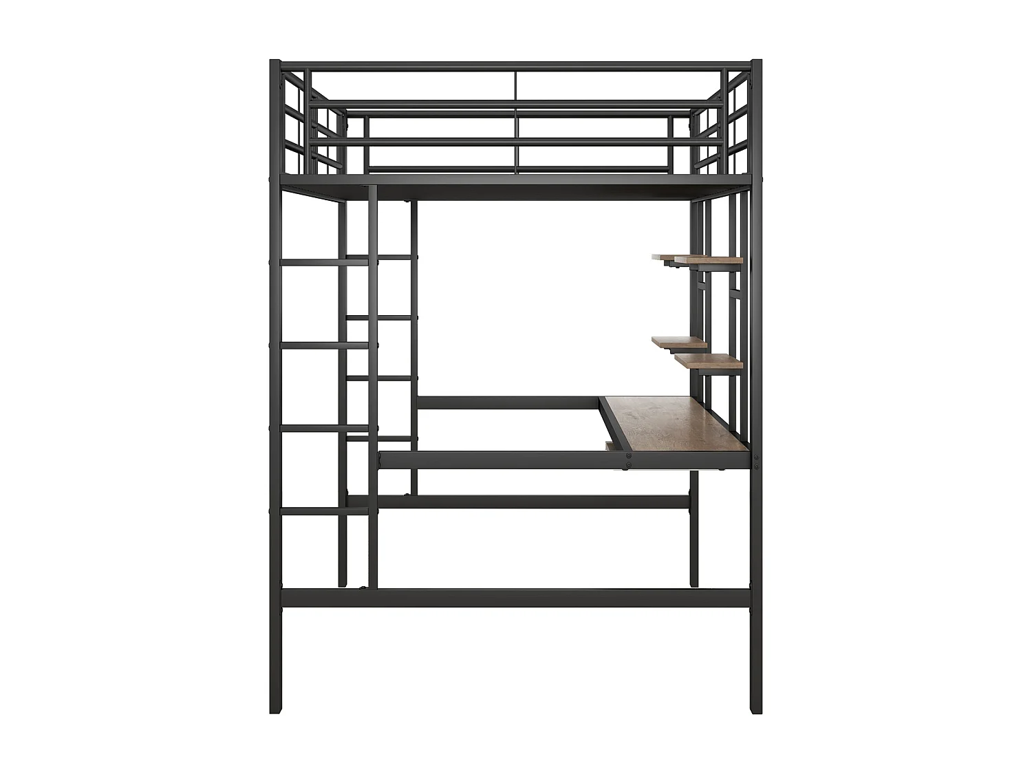 Kinderhoogslaper 140x200cm - Bedframe van ijzer, verhoogd bed met bureau en 2 planken - Zwart