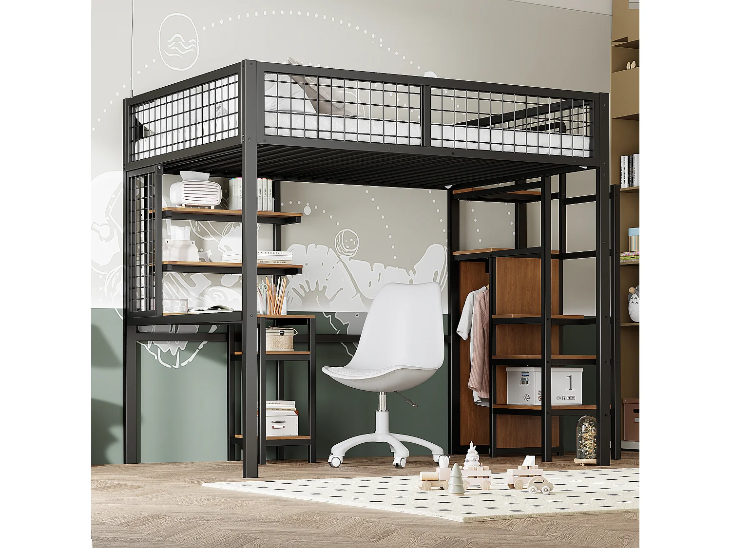 Lit mezzanine 140 x200 avec échelle de sécurité, lit d'enfant avec cadre en fer Armoire et table d'ordinateur Noir