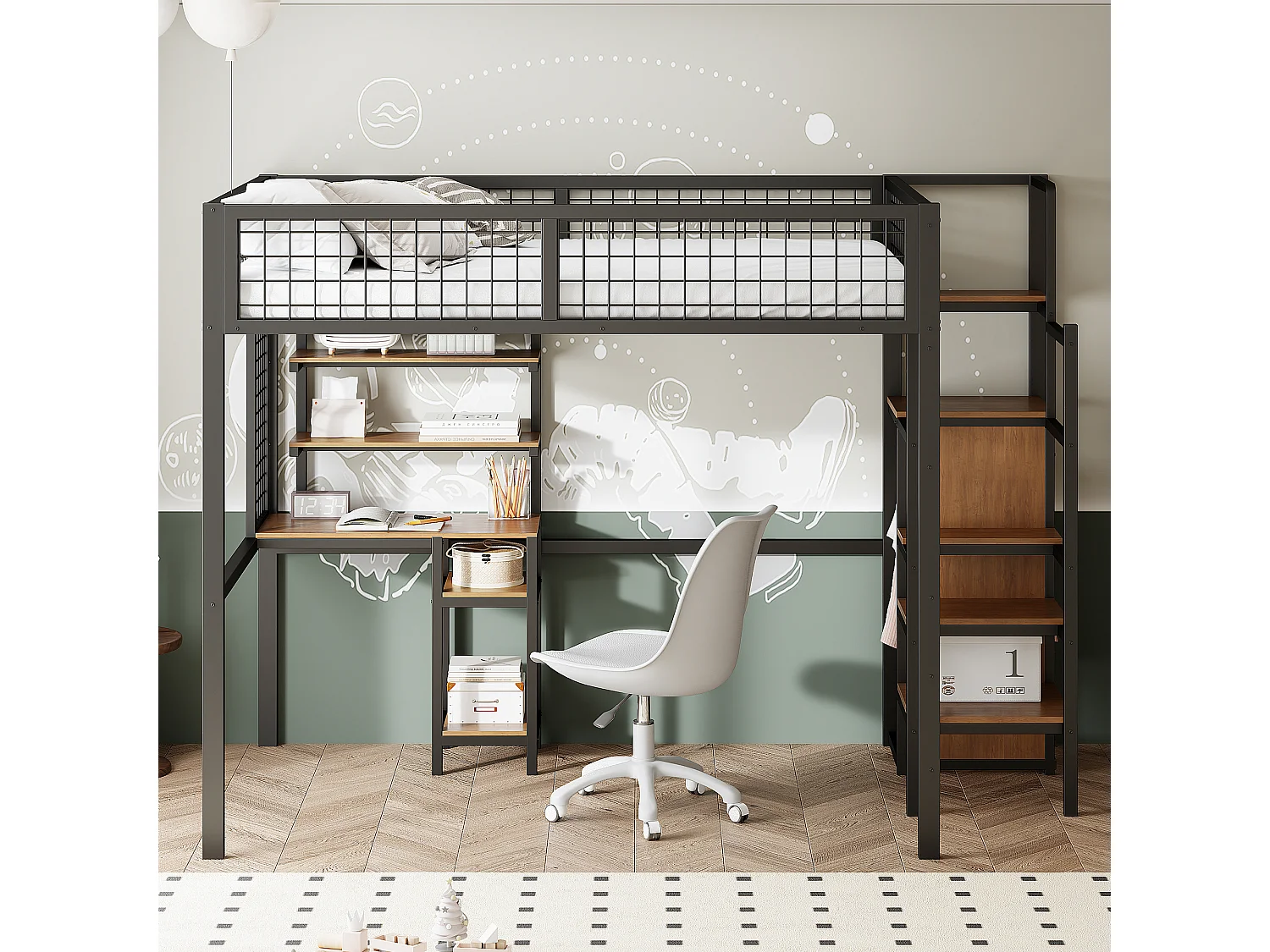 Lit mezzanine 140 x200 avec échelle de sécurité, lit d'enfant avec cadre en fer Armoire et table d'ordinateur Noir