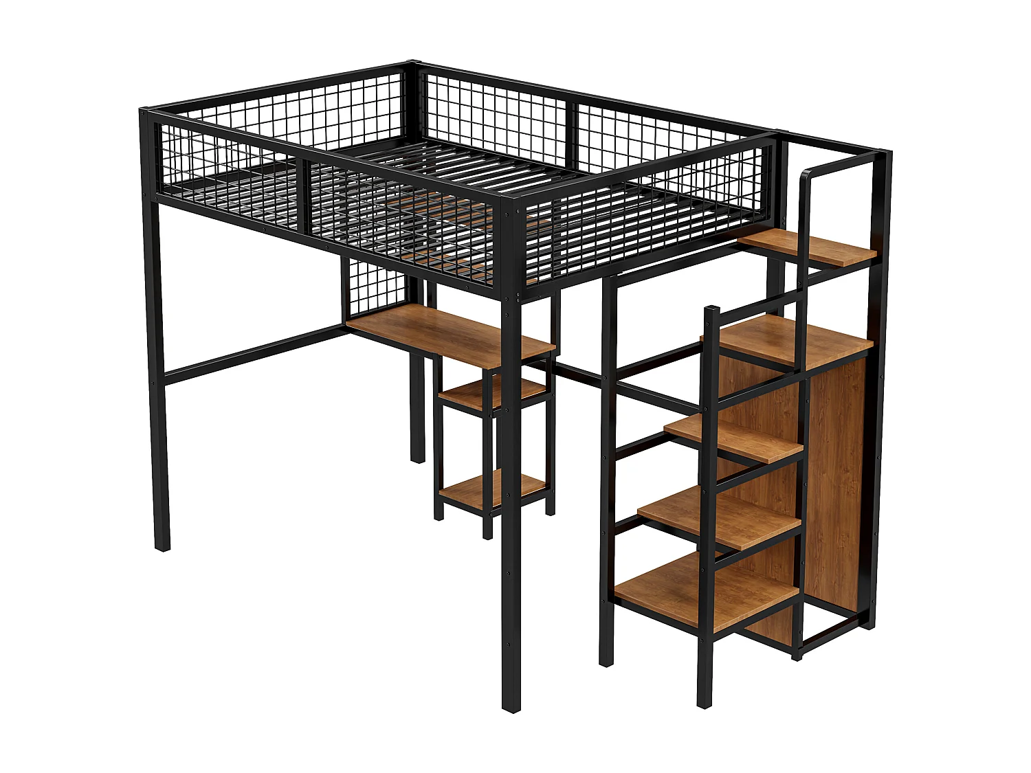 Lit mezzanine 140 x200 avec échelle de sécurité, lit d'enfant avec cadre en fer Armoire et table d'ordinateur Noir