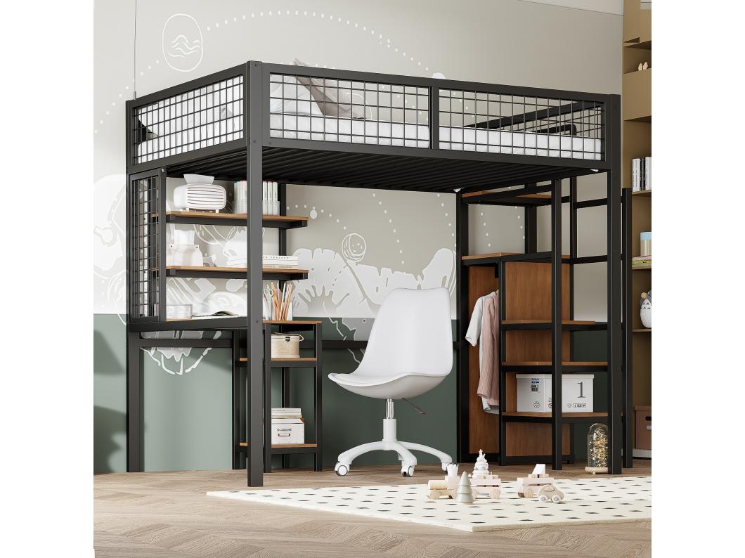Hoogslaper 140 x 200 met veiligheidsladder, kinderbed met ijzeren frame Kledingkast en computertafel Zwart