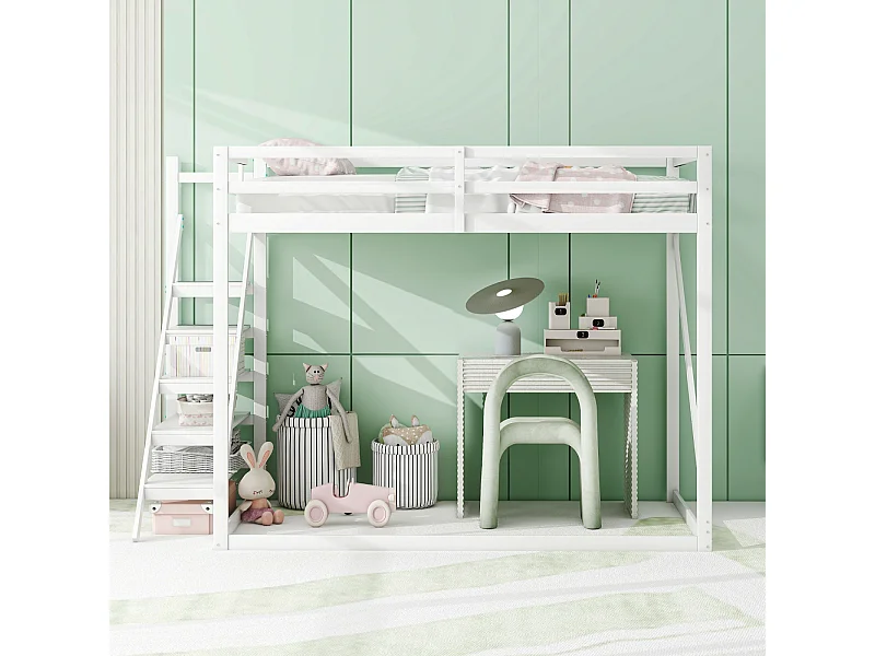 Cama alta infantil 140x200cm, cama elevada con escalera de seguridad, madera maciza, color blanco