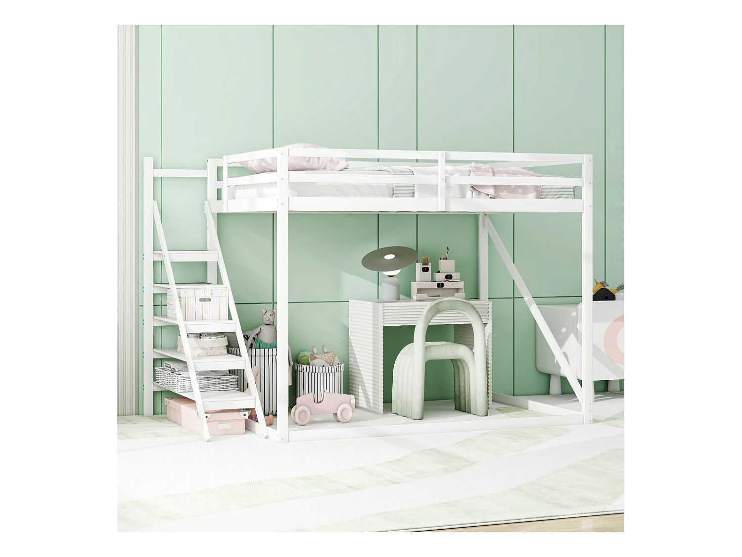 Letto a soppalco per bambini 140x200cm, letto rialzato con scaletta di sicurezza, legno massello, bianco