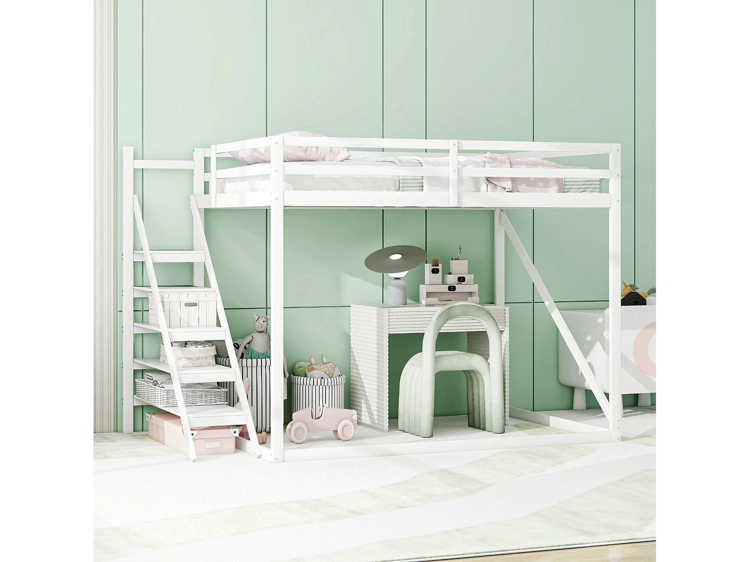 Letto a soppalco per bambini 140x200cm, letto rialzato con scaletta di sicurezza, legno massello, bianco