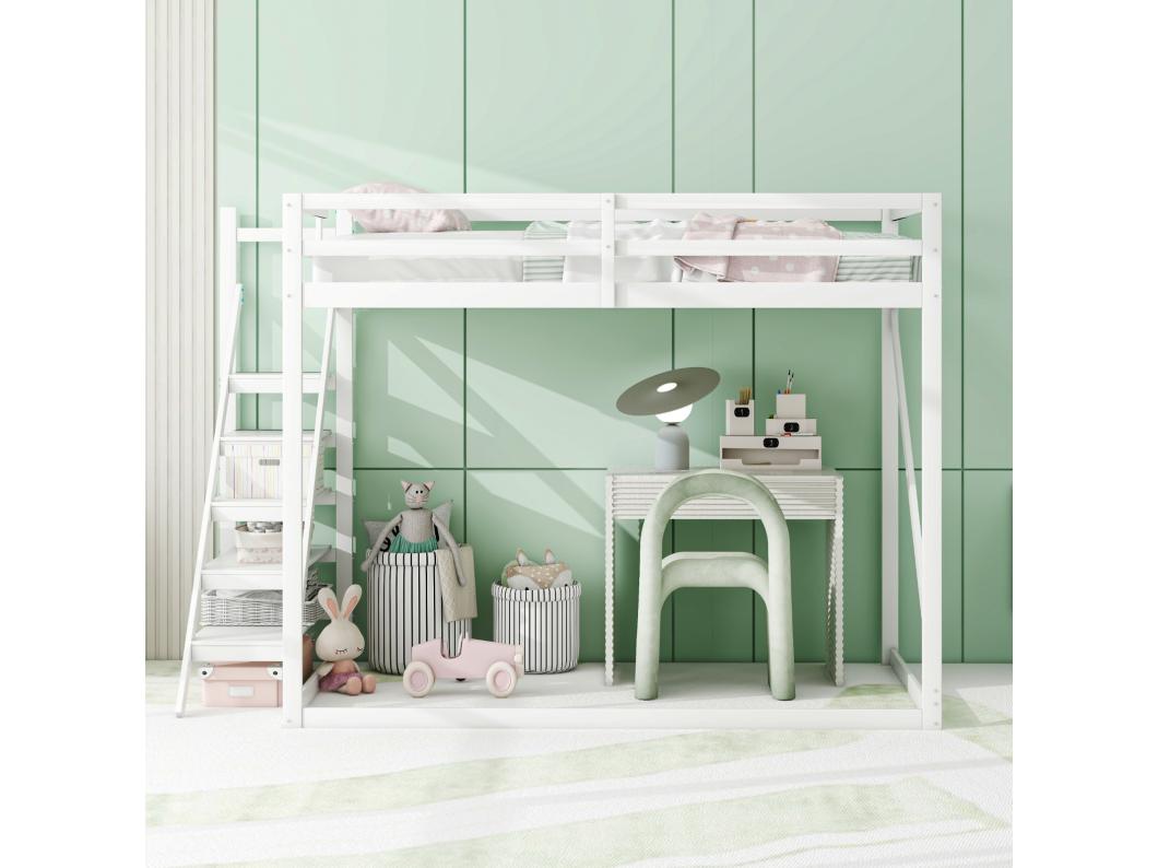 Kinderhoogslaper 140x200cm, verhoogd bed met veiligheidsladder, massief hout, wit