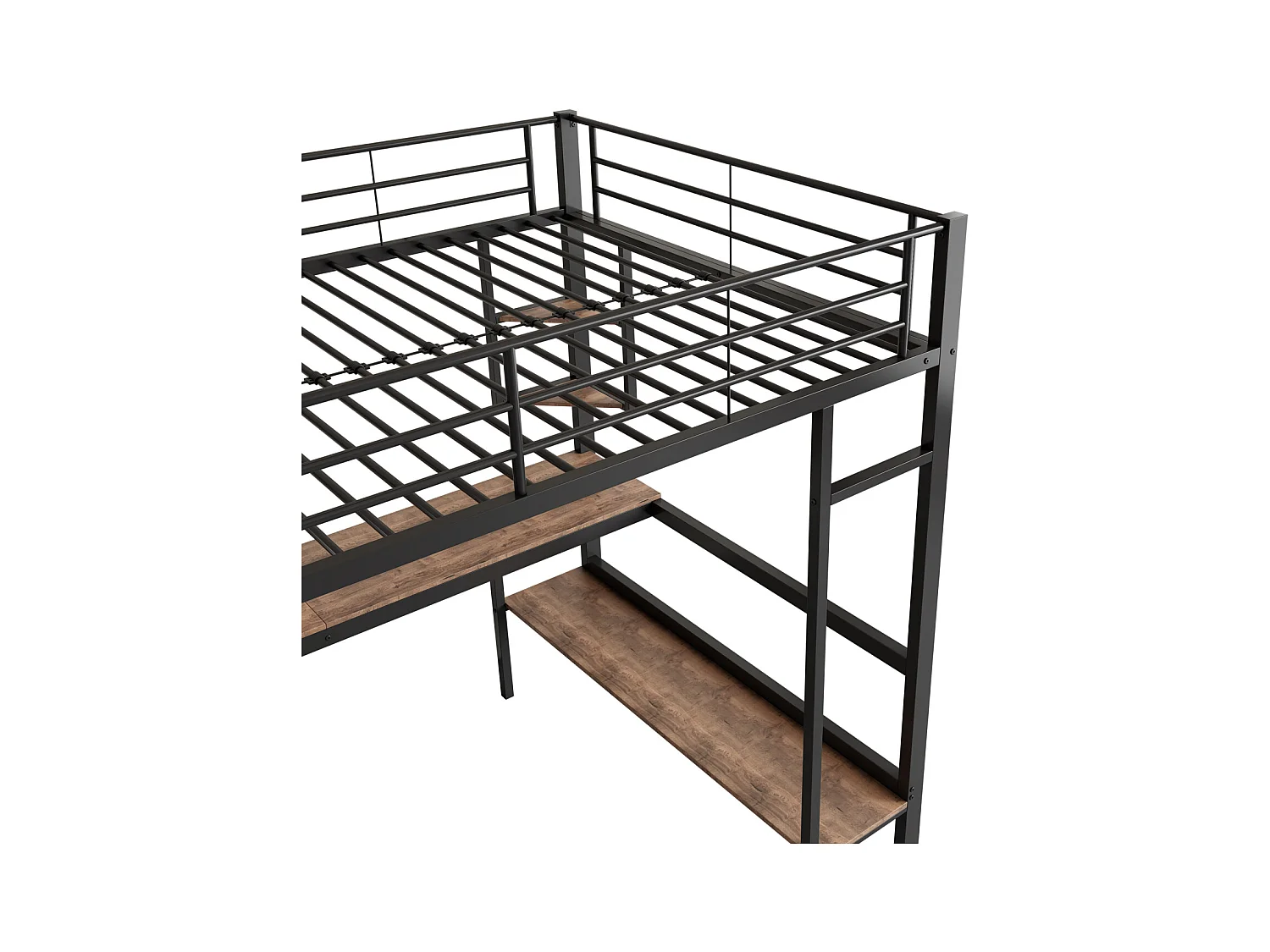 Lit mezzanine 90x200cm, cadre en métal, lit surélevé avec échelle, bureau et 4 petite étagères de coins pour enfants, adolescents, noir