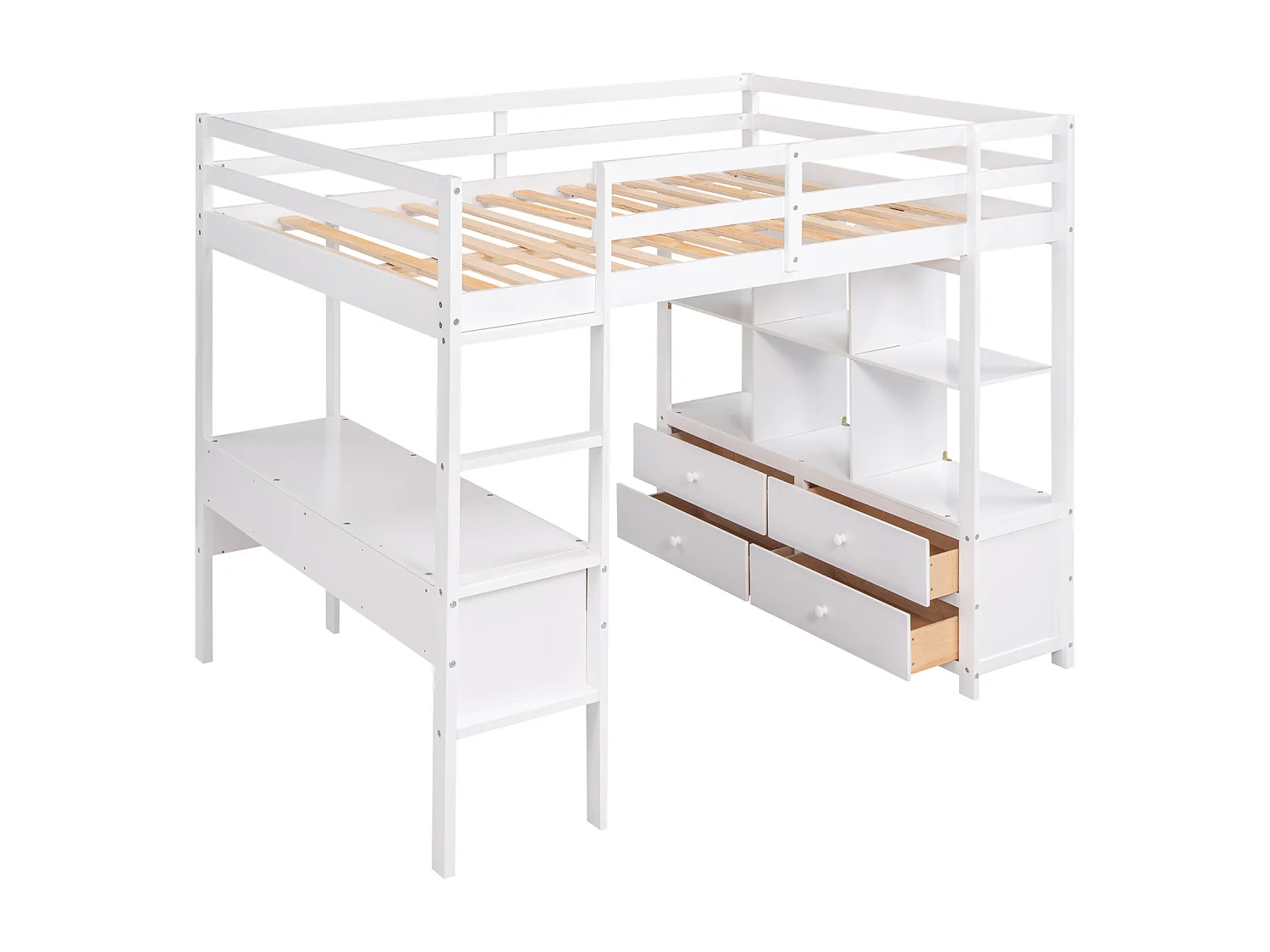 Kinderhoogslaper 140x200cm - verhoogd bed met opberglades, bureau en opbergboekenkast onder het bed - wit