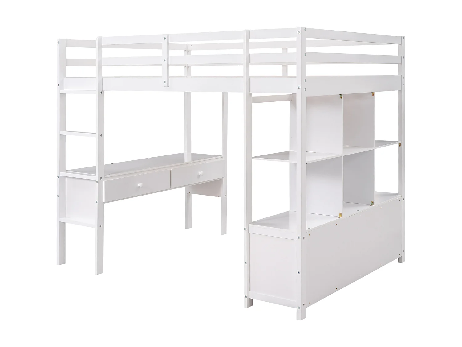 Kinderhoogslaper 140x200cm - verhoogd bed met opberglades, bureau en opbergboekenkast onder het bed - wit