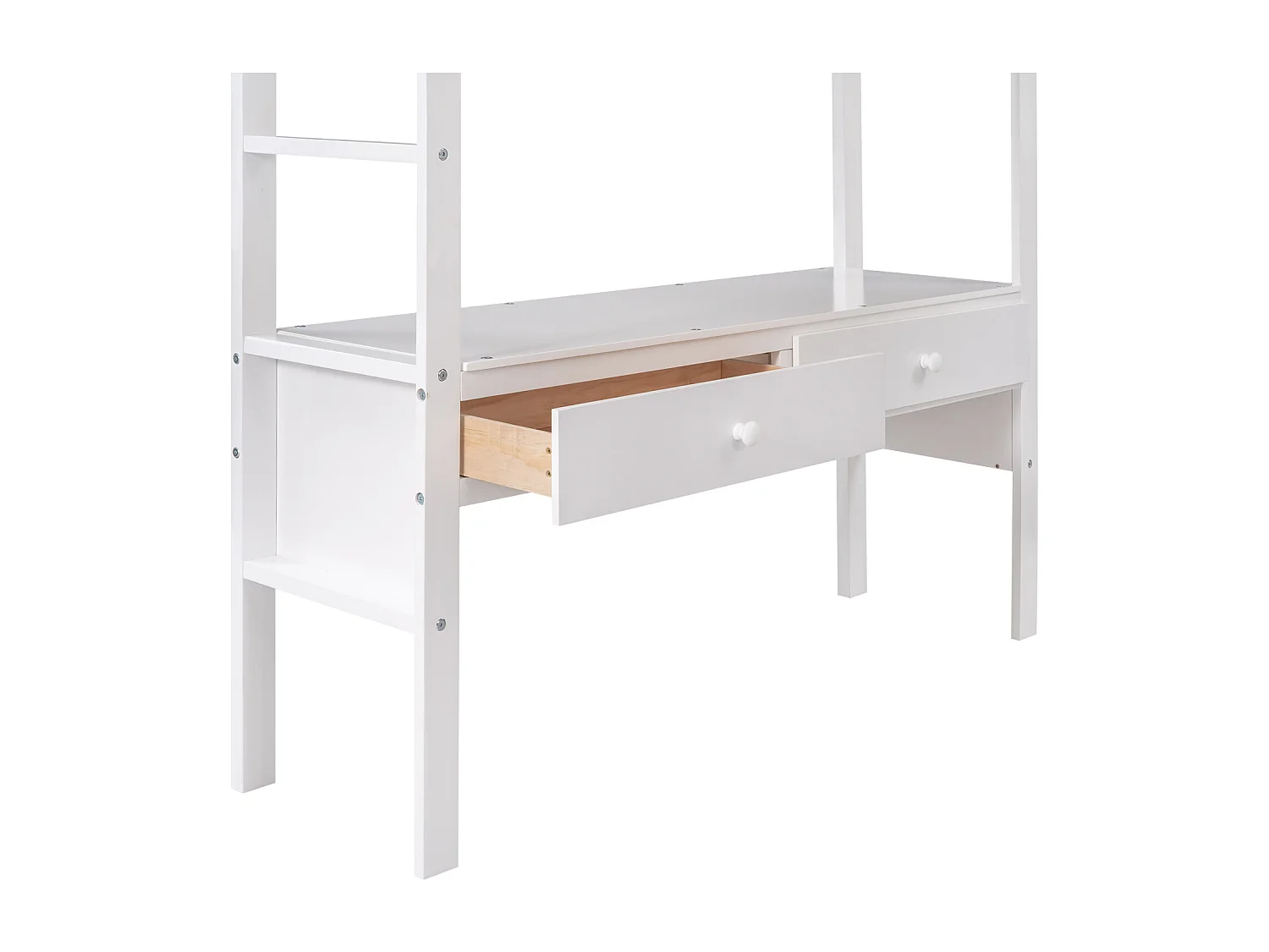 Kinderhoogslaper 140x200cm - verhoogd bed met opberglades, bureau en opbergboekenkast onder het bed - wit